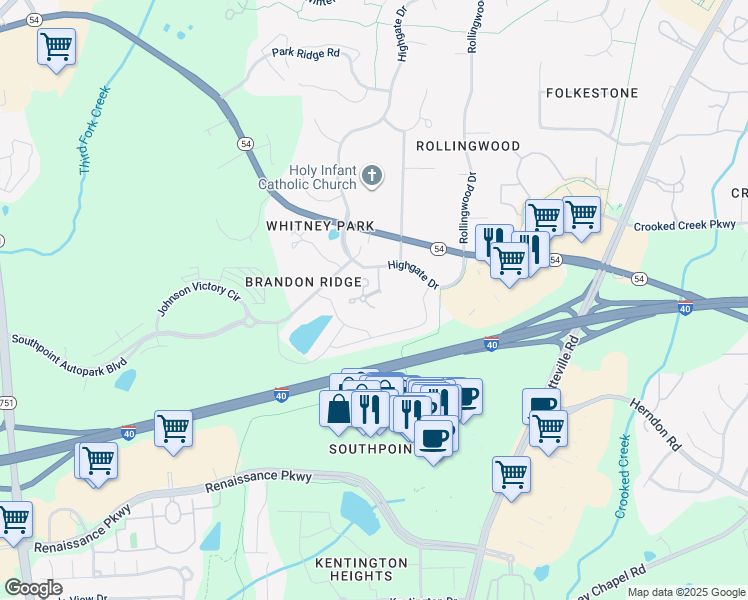 map of restaurants, bars, coffee shops, grocery stores, and more near 531 Darby Glen Lane in Durham