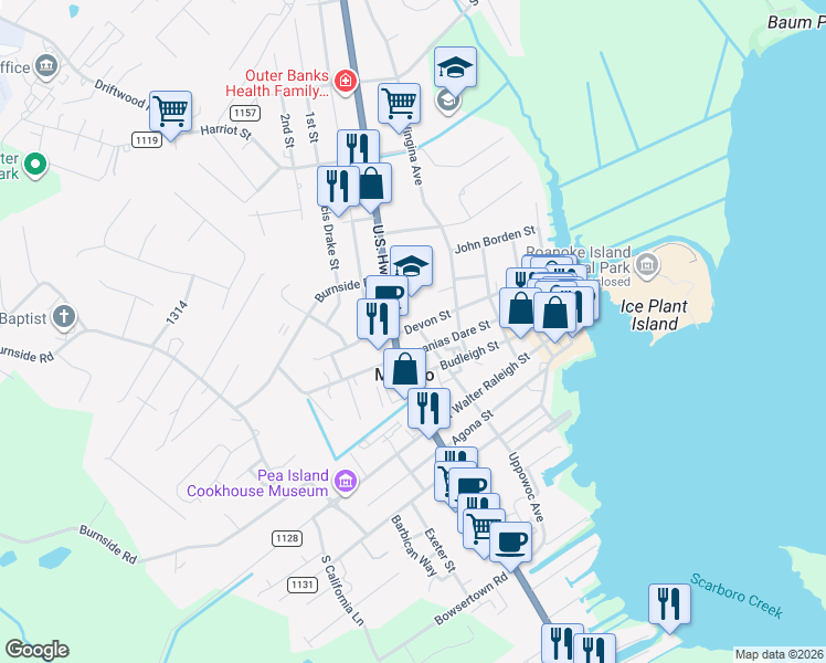 map of restaurants, bars, coffee shops, grocery stores, and more near 409-413 Devon Street in Manteo
