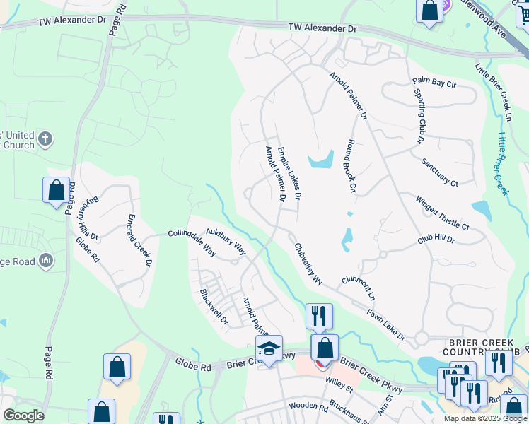 map of restaurants, bars, coffee shops, grocery stores, and more near 9628 Club Valley Way in Raleigh