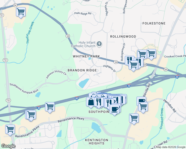 map of restaurants, bars, coffee shops, grocery stores, and more near 582 Darby Glen Lane in Durham