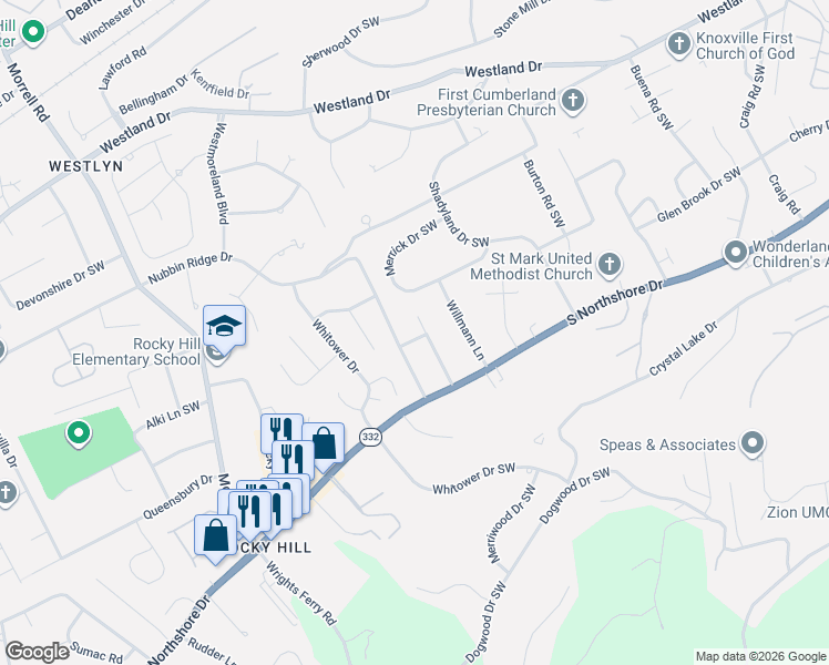 map of restaurants, bars, coffee shops, grocery stores, and more near 1216 Bradford Lane in Knoxville