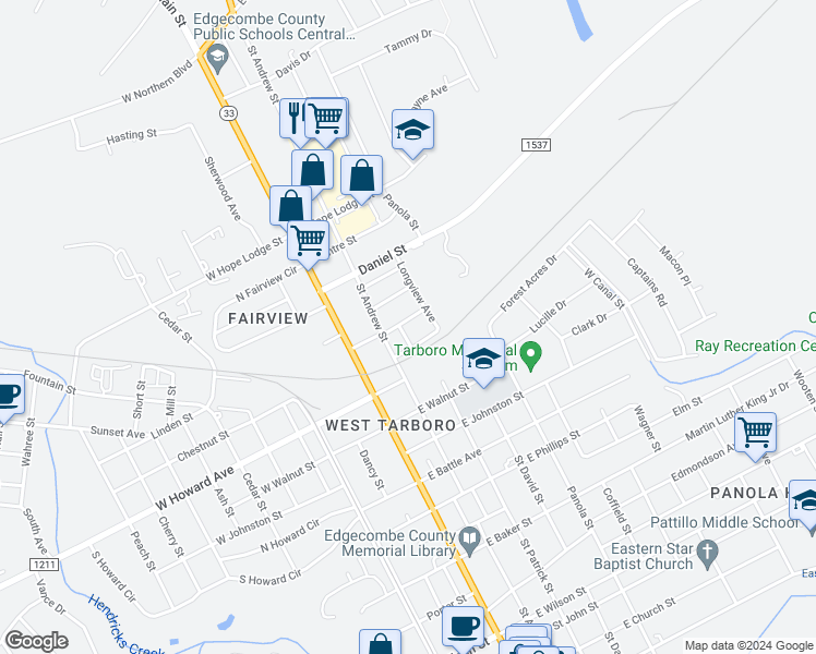 map of restaurants, bars, coffee shops, grocery stores, and more near 203 Cromwell Avenue in Tarboro