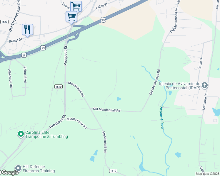 map of restaurants, bars, coffee shops, grocery stores, and more near 5749 Cedar Post Street in Archdale