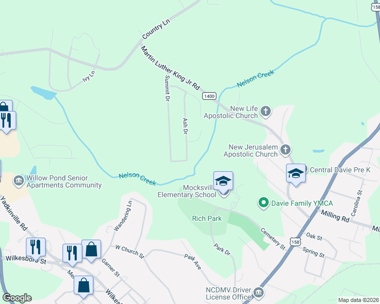 map of restaurants, bars, coffee shops, grocery stores, and more near 214 Ash Drive in Mocksville