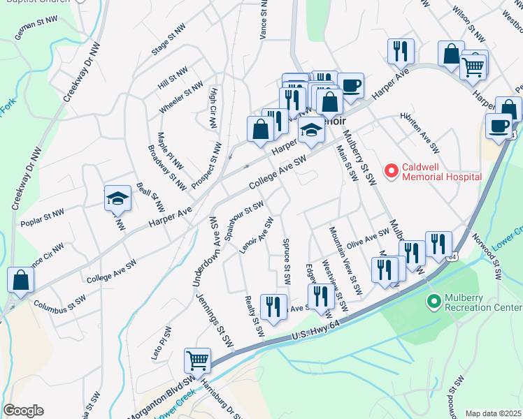 map of restaurants, bars, coffee shops, grocery stores, and more near 300 Reform Street Southwest in Lenoir