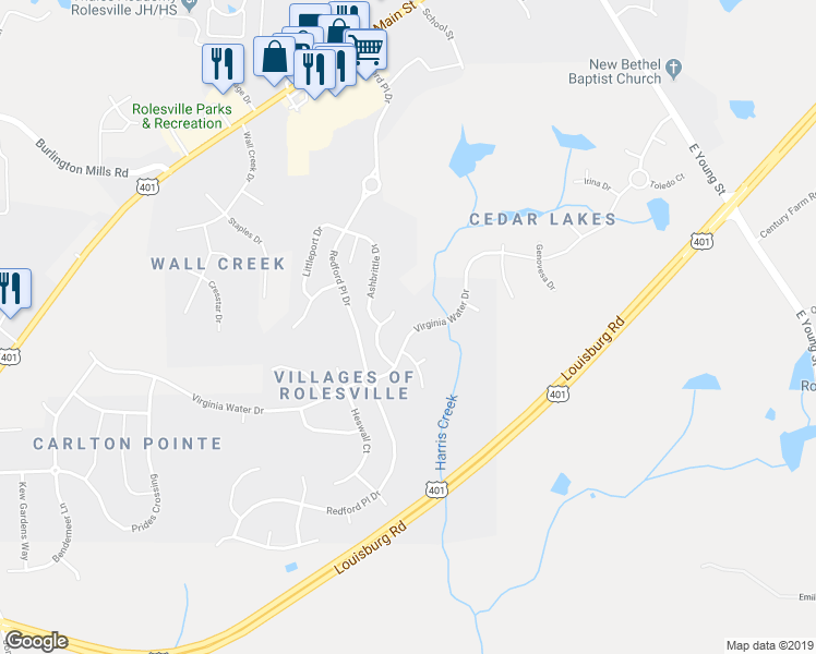 map of restaurants, bars, coffee shops, grocery stores, and more near 623 Virginia Water Drive in Rolesville