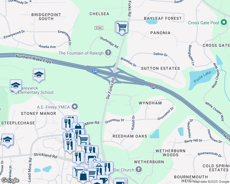 map of restaurants, bars, coffee shops, grocery stores, and more near 105 Haringey Road in Raleigh