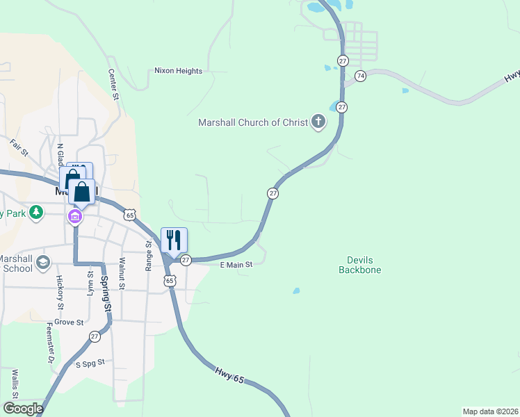 map of restaurants, bars, coffee shops, grocery stores, and more near 403 Arkansas 27 in Marshall