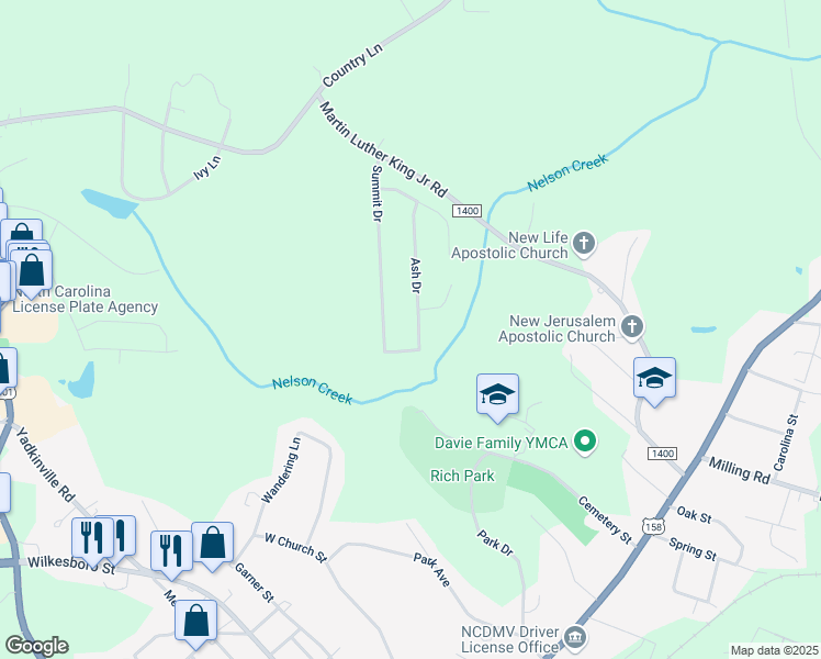 map of restaurants, bars, coffee shops, grocery stores, and more near 220 Ash Drive in Mocksville