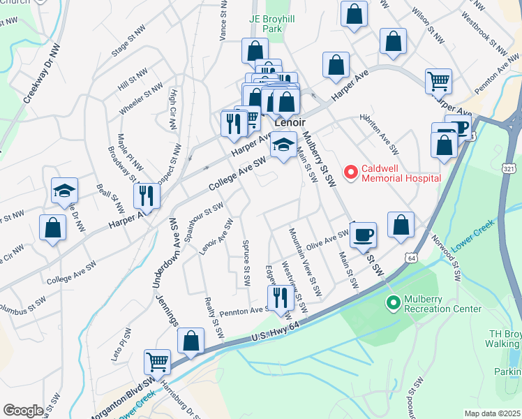 map of restaurants, bars, coffee shops, grocery stores, and more near 1014 Wright Street Southwest in Lenoir