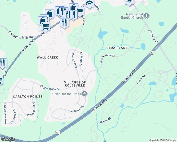 map of restaurants, bars, coffee shops, grocery stores, and more near 623 Virginia Water Drive in Rolesville