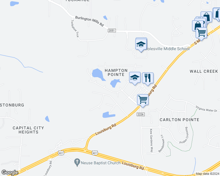 map of restaurants, bars, coffee shops, grocery stores, and more near 912 Pristine Lane in Rolesville