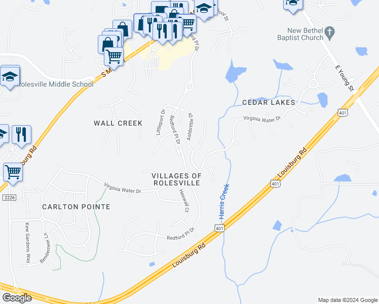 map of restaurants, bars, coffee shops, grocery stores, and more near 656 Ashbrittle Drive in Rolesville