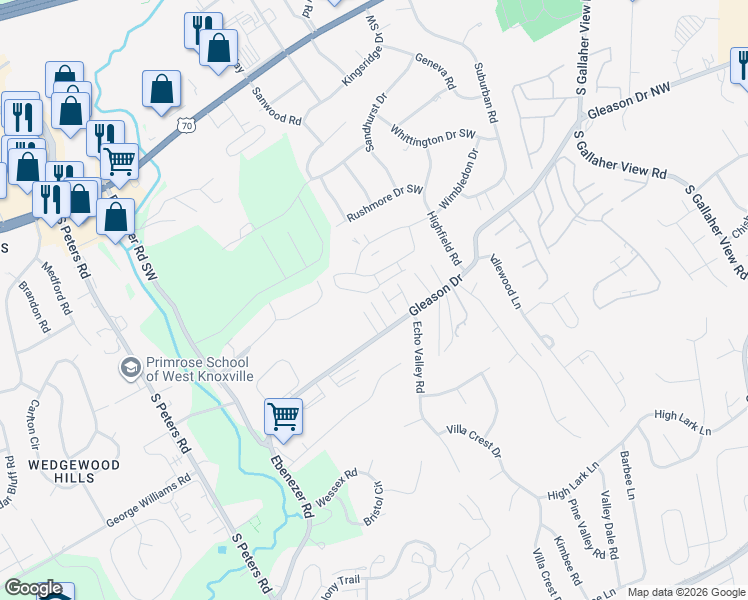 map of restaurants, bars, coffee shops, grocery stores, and more near 300 Pickett Place Way in Knoxville