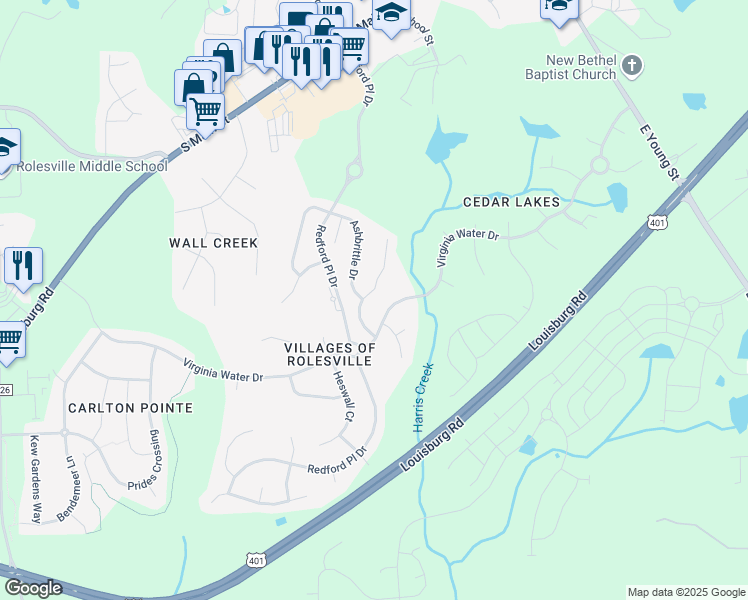 map of restaurants, bars, coffee shops, grocery stores, and more near 636 Long Melford Drive in Rolesville