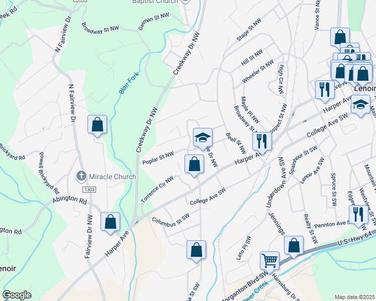 map of restaurants, bars, coffee shops, grocery stores, and more near 198 Virginia Street Northwest in Lenoir
