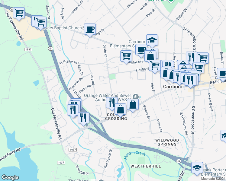map of restaurants, bars, coffee shops, grocery stores, and more near 509 Davie Road in Carrboro