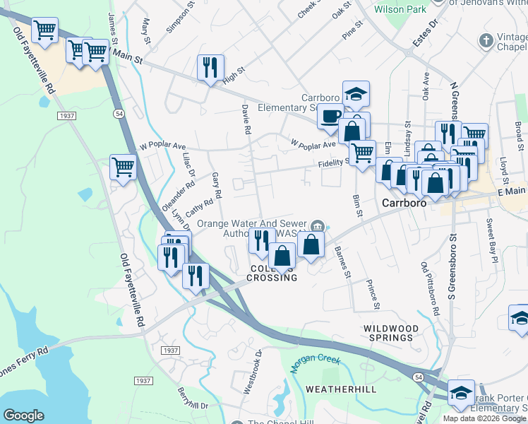 map of restaurants, bars, coffee shops, grocery stores, and more near 509 Davie Road in Carrboro