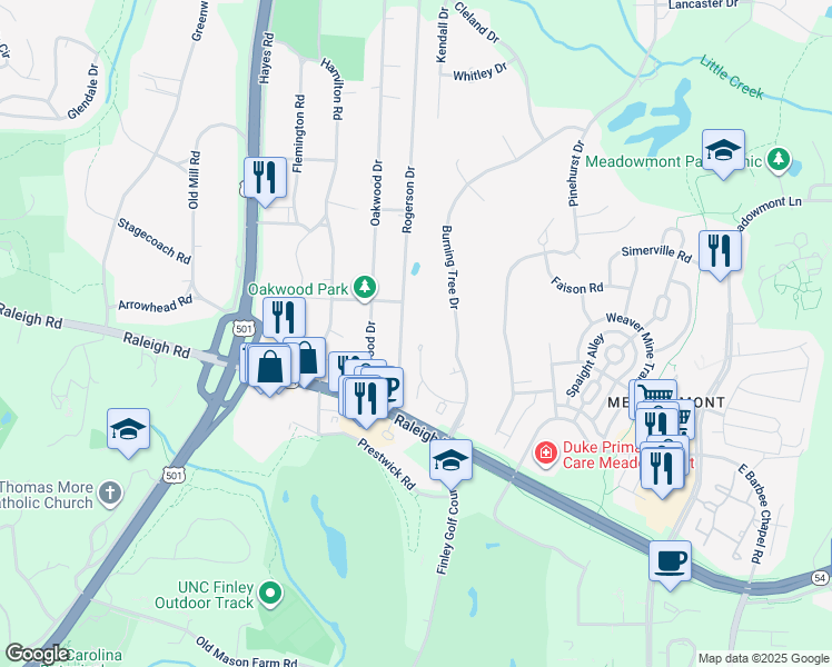 map of restaurants, bars, coffee shops, grocery stores, and more near 1101 Oak Tree Drive in Chapel Hill