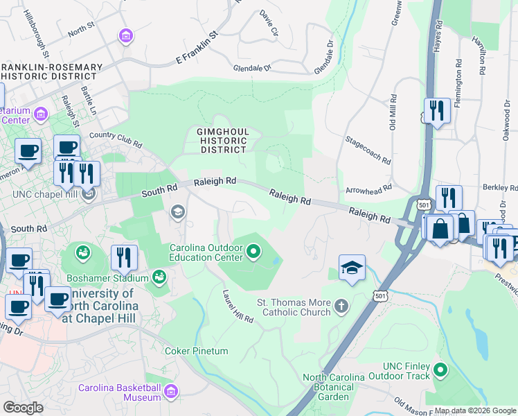 map of restaurants, bars, coffee shops, grocery stores, and more near 107 Ledge Lane in Chapel Hill