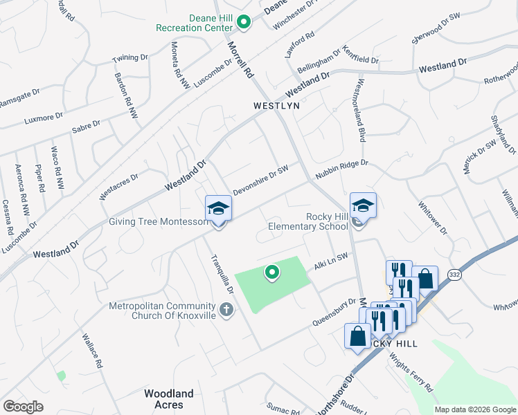 map of restaurants, bars, coffee shops, grocery stores, and more near 7705 Nubbin Ridge Road Southwest in Knoxville