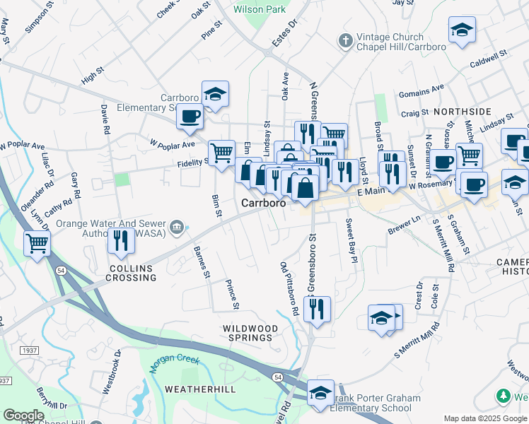 map of restaurants, bars, coffee shops, grocery stores, and more near in Carrboro