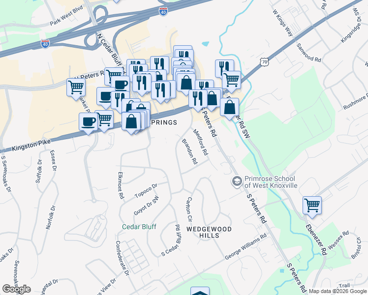 map of restaurants, bars, coffee shops, grocery stores, and more near 208 Brandon Road in Knoxville