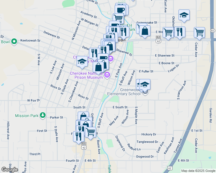 map of restaurants, bars, coffee shops, grocery stores, and more near 315 South Water Avenue in Tahlequah