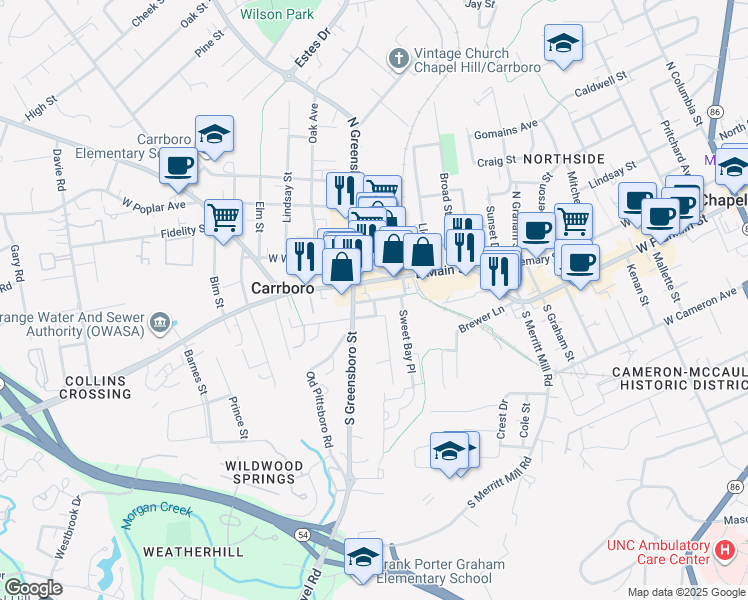map of restaurants, bars, coffee shops, grocery stores, and more near Roberson Street in Carrboro