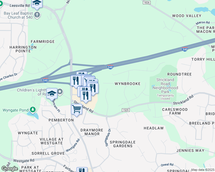 map of restaurants, bars, coffee shops, grocery stores, and more near 9520 Springdale Drive in Raleigh