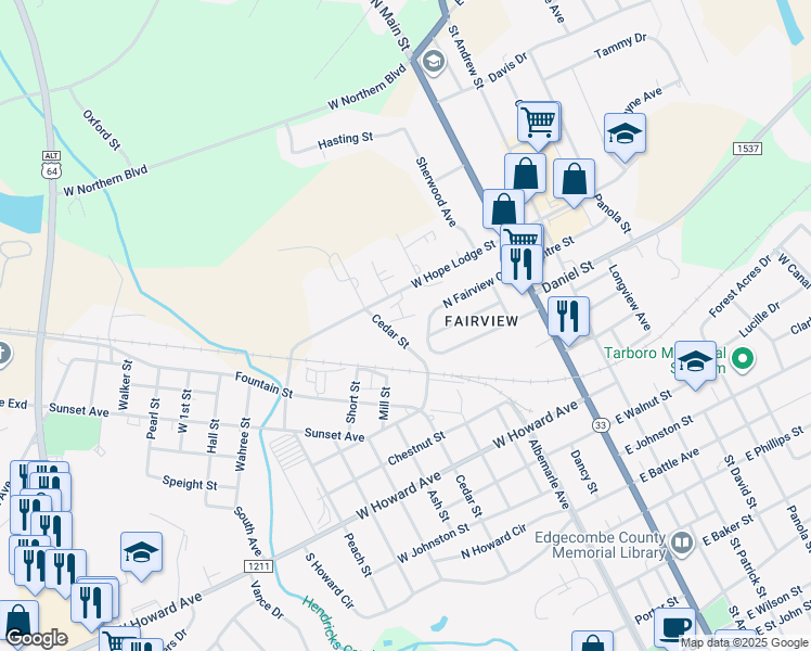 map of restaurants, bars, coffee shops, grocery stores, and more near 1607 Cedar Street in Tarboro