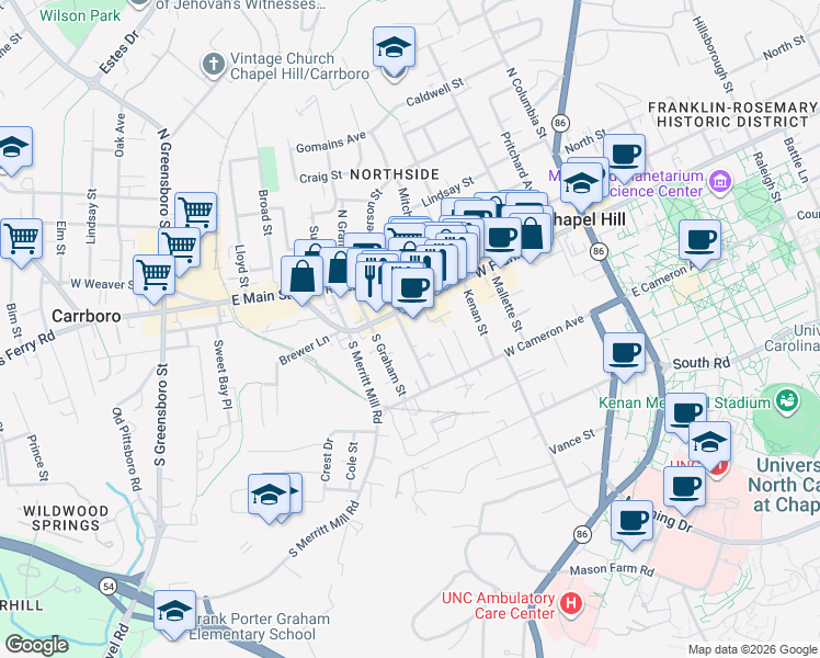 map of restaurants, bars, coffee shops, grocery stores, and more near 106 Basnight Lane in Chapel Hill
