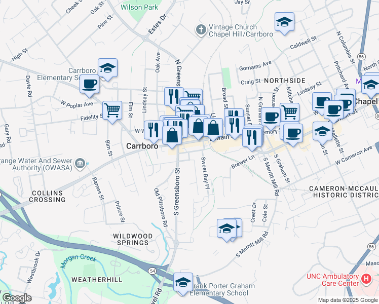 map of restaurants, bars, coffee shops, grocery stores, and more near Roberson Street in Carrboro