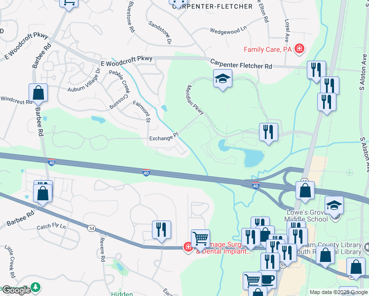 map of restaurants, bars, coffee shops, grocery stores, and more near 1111 Midtowne Way in Durham