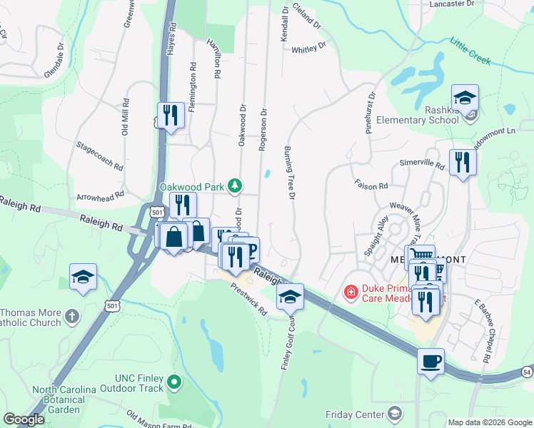 map of restaurants, bars, coffee shops, grocery stores, and more near 1102 Oak Tree Drive in Chapel Hill