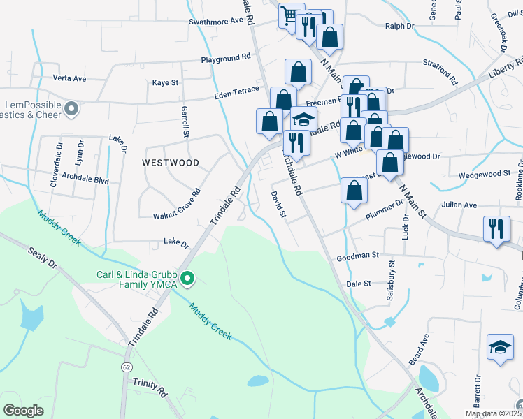 map of restaurants, bars, coffee shops, grocery stores, and more near 808 Westbrook Court in Archdale