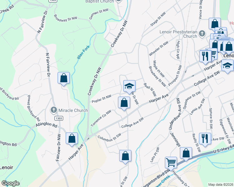 map of restaurants, bars, coffee shops, grocery stores, and more near Poplar Street Northwest in Lenoir