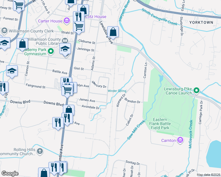 map of restaurants, bars, coffee shops, grocery stores, and more near 1409 Sunset Drive in Franklin