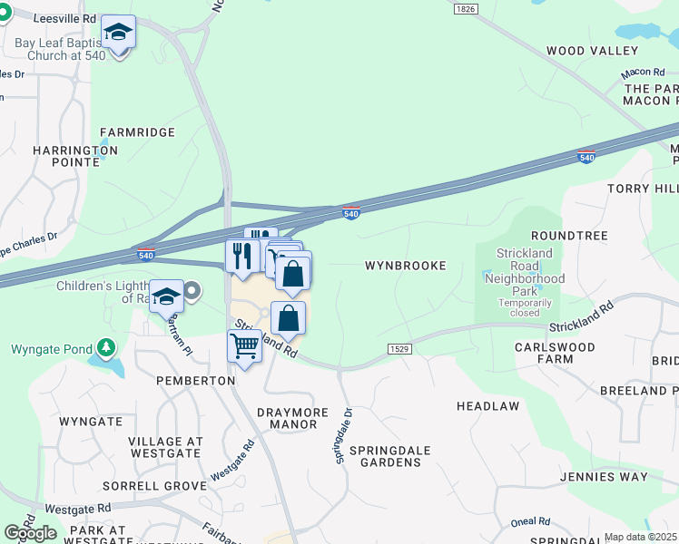 map of restaurants, bars, coffee shops, grocery stores, and more near 9520 Springdale Drive in Raleigh