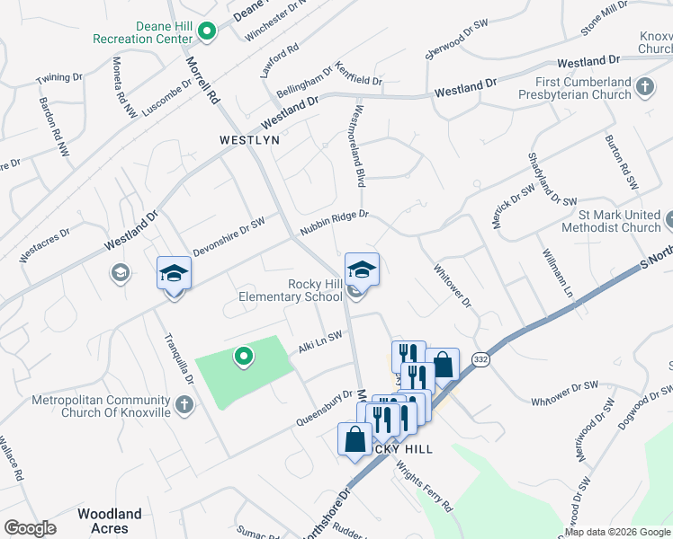map of restaurants, bars, coffee shops, grocery stores, and more near 1024 Morrell Road in Knoxville