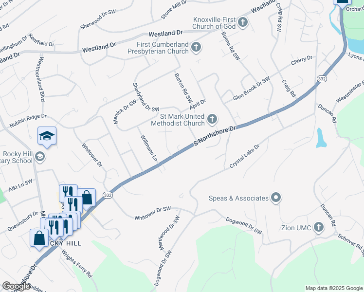 map of restaurants, bars, coffee shops, grocery stores, and more near 7100 Dulaney Way in Knoxville