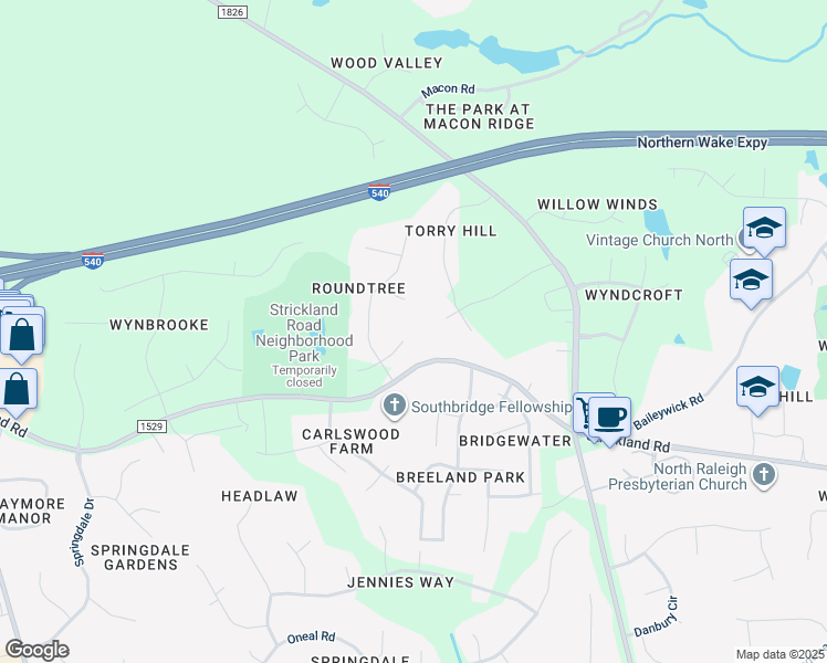 map of restaurants, bars, coffee shops, grocery stores, and more near 12600 Sandwood Court in Raleigh