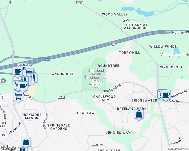 map of restaurants, bars, coffee shops, grocery stores, and more near 9613 Rock Creek Road in Raleigh