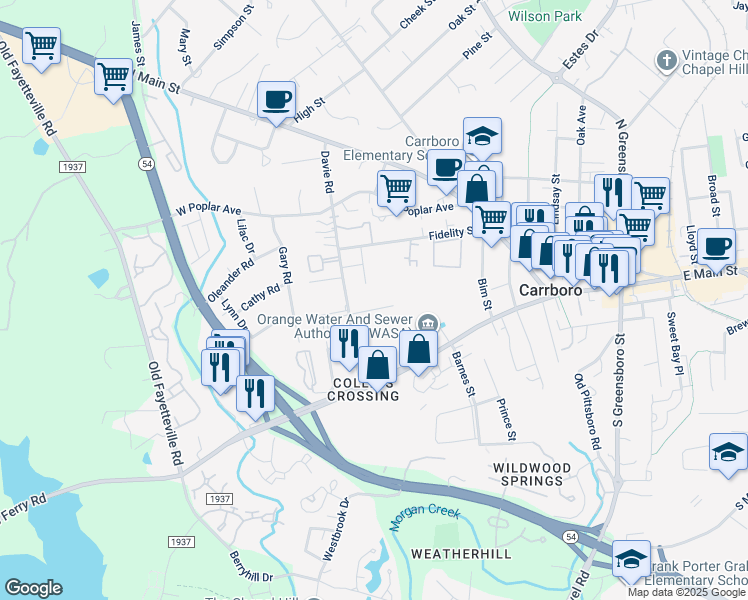 map of restaurants, bars, coffee shops, grocery stores, and more near 107 Glosson Circle in Carrboro