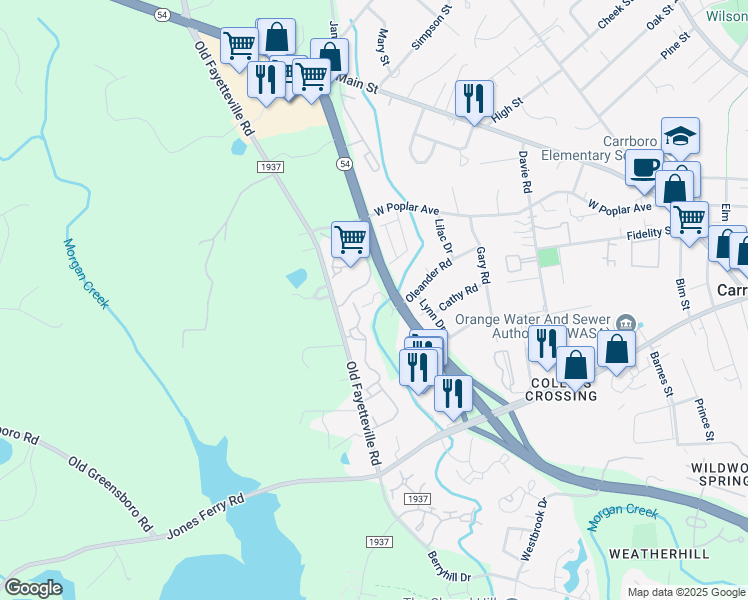 map of restaurants, bars, coffee shops, grocery stores, and more near D3 Fenway Court in Carrboro