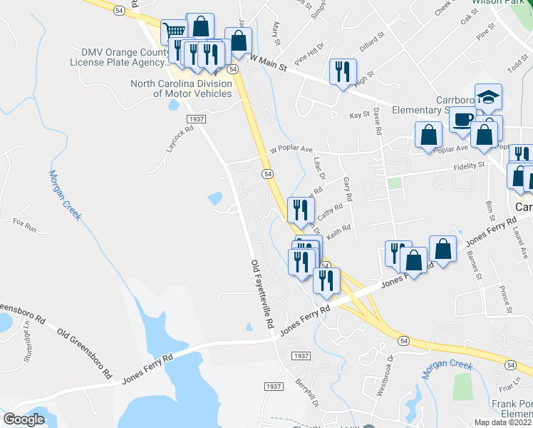 map of restaurants, bars, coffee shops, grocery stores, and more near D3 Fenway Court in Carrboro