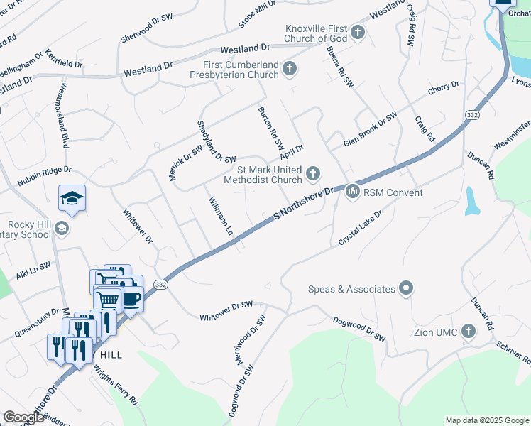 map of restaurants, bars, coffee shops, grocery stores, and more near 7100 Dulaney Way in Knoxville