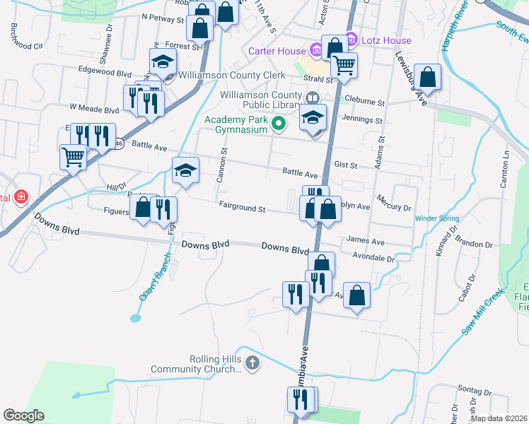 map of restaurants, bars, coffee shops, grocery stores, and more near 208 Fairground Street in Franklin