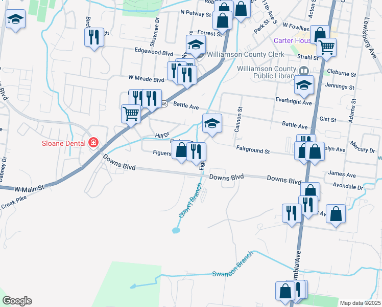 map of restaurants, bars, coffee shops, grocery stores, and more near 406 Figuers Drive in Franklin
