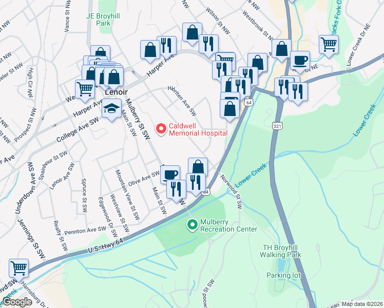 map of restaurants, bars, coffee shops, grocery stores, and more near 434 Norwood Street Southwest in Lenoir